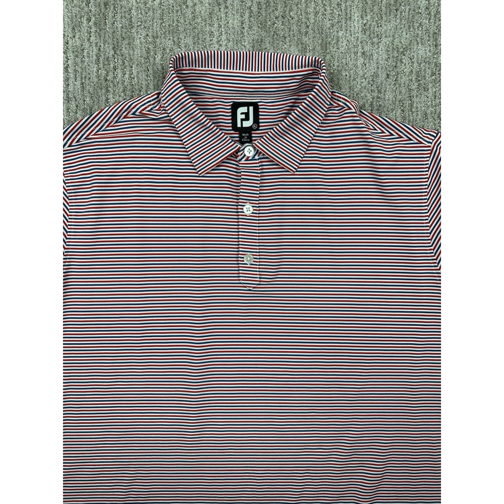 Footjoy Shirt Men's XL Performance Polo Red White Blue Striped Preppy Golf EUC